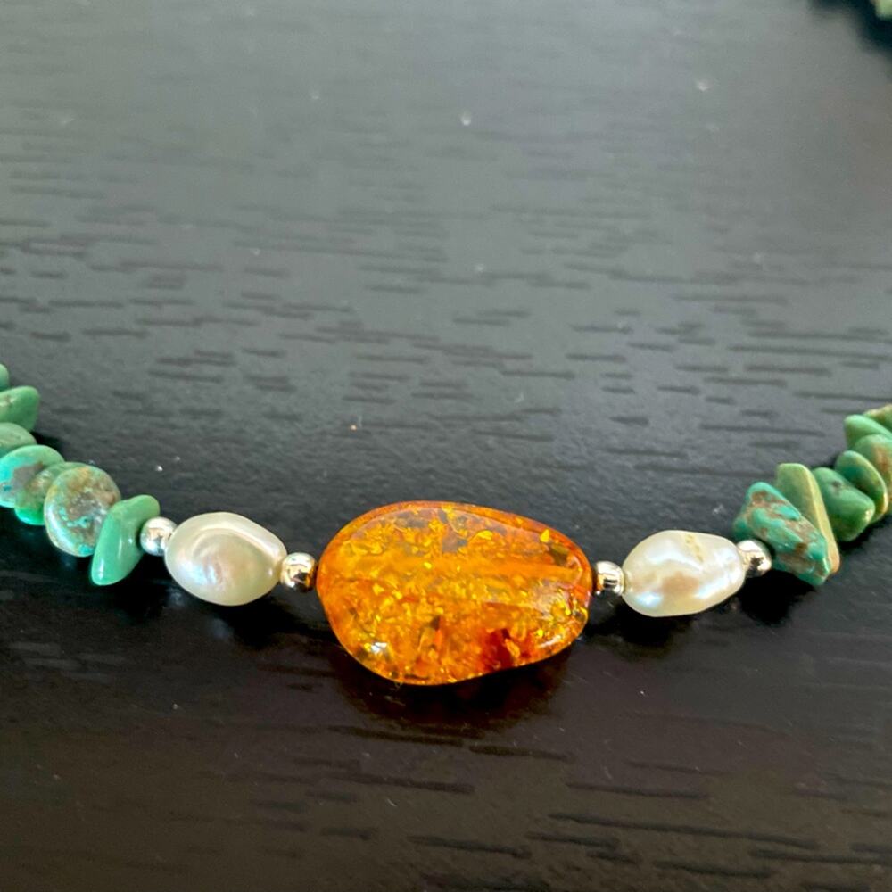 Vintage Genuine Turquoise, Amber, Pearl and Silver Choker - Picture 2 of 4